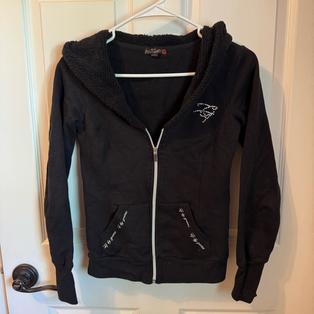 G by Guess Y2K Small Black Zip-Up Women’s Hoodie with Rhinestone Detail